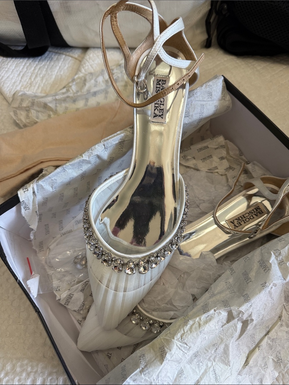 Badgley Mischka White Crystal-Embellished Pointed-Toe Slingback Flats